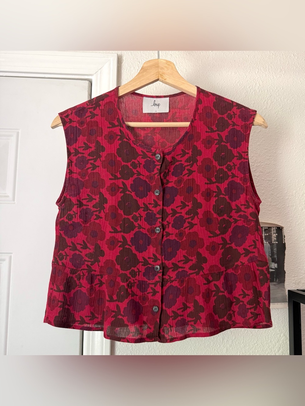 Loup red floral cotton gauze button up boxy cropped sleeveless tank top
